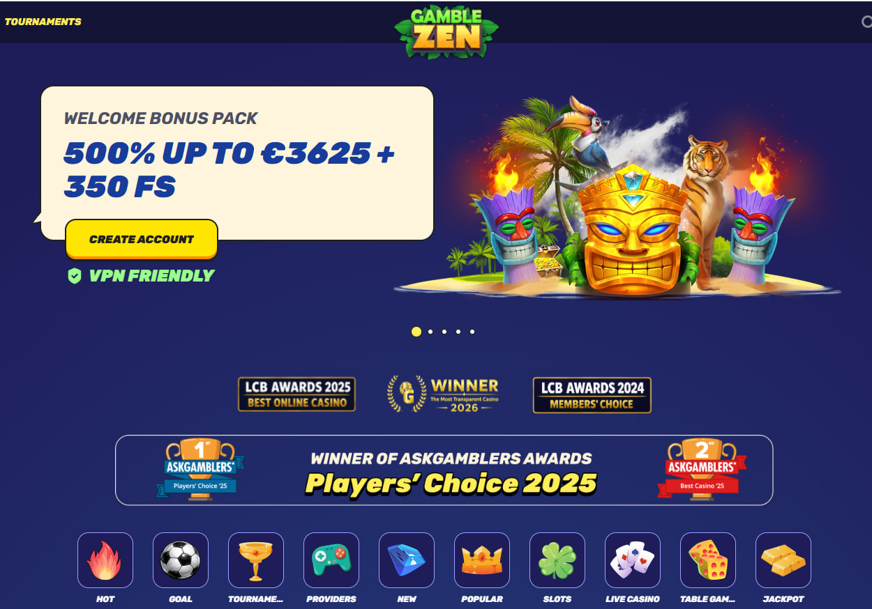 Gamblezen casino welcome bonus și meniu de categorii