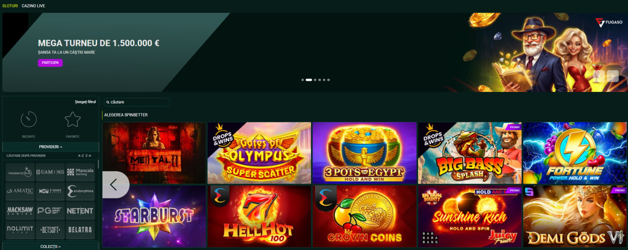 SpinBetter casino lobby cu selecție de sloturi și furnizori